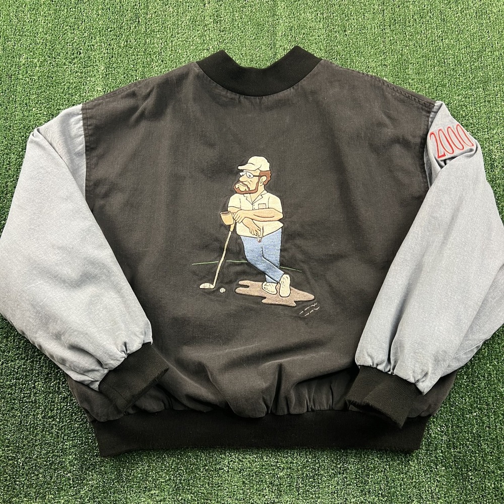VTG Sichel Golf Cartoon Funny ACM 2000 Bomber Jacket Mens XL Black Y2K Cartoon